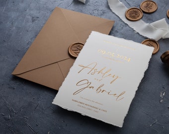Deckled Edge Wedding Invitation with Gold Foil Print, Optionally Ribbon, Custom Wax Seal