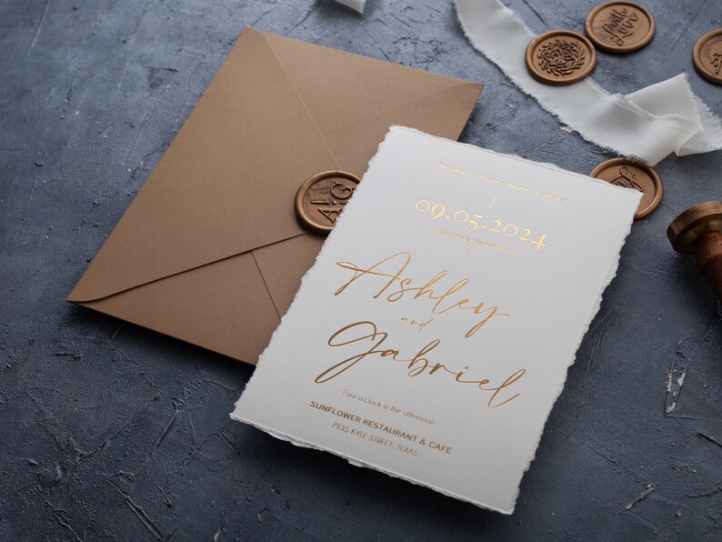 Deckled Edge Wedding Invitation with Gold Foil Print, Optionally Ribbon, Custom Wax Seal image 1