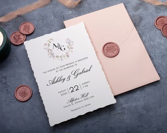 Pink Floral Wedding Invites with Deckled Edge, Stylish Minimalist Invitation Set for Reception.