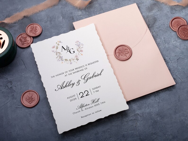 Pink Floral Wedding Invites with Deckled Edge, Stylish Minimalist Invitation Set for Reception. image 1