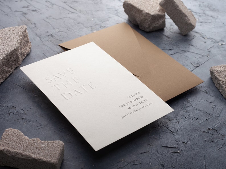 Save the Date: Embossed & Letterpress Card, Minimalist Design with Ecru Envelope image 1