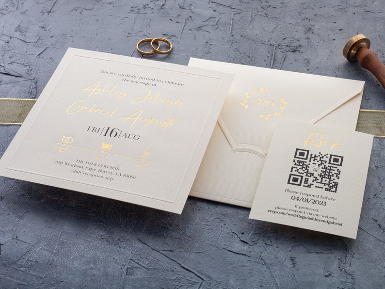 Ivory Wedding Invitations, Elegant Gold Foil on Premium Paper image 4