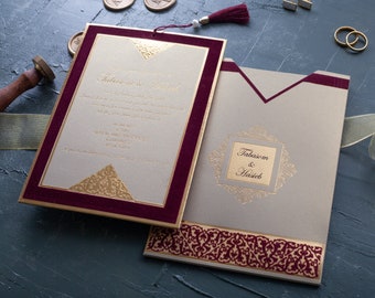 Opulent Islamic Wedding Invitation, Red Velvet & Gold Accents