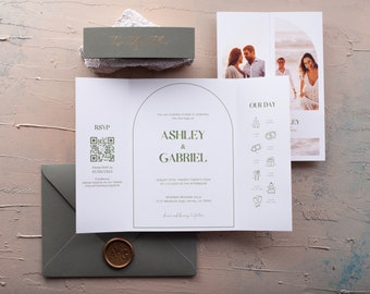 Arch-shaped Wedding Invite with Photo, Timeline, QR RSVP, and Details, All-in-One Invitation