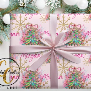 Girls Christmas Wrapping Paper Roll, Personalized Coquette Christmas Wrapping Paper, Pink Christmas Gift Wrap with Name