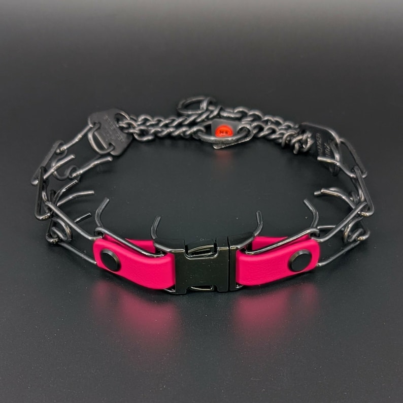 Black prong collar with pink biothane and quick release buckle