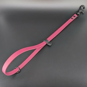 Puede incluir: Una correa para perros de color magenta con un cierre de metal negro y un asa. La correa presenta un anillo de metal negro y un conector de cuero negro. La correa est&aacute; hecha de un material flexible.