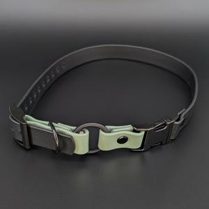 custom black and sage green biothane e-collar strap with bungee and black quick release buckle for off leash dog training