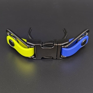 yellow and royal blue biothane with black hardware quick release buckle attachment for prong collar