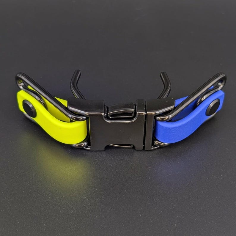 yellow and royal blue biothane with black hardware quick release buckle attachment for prong collar