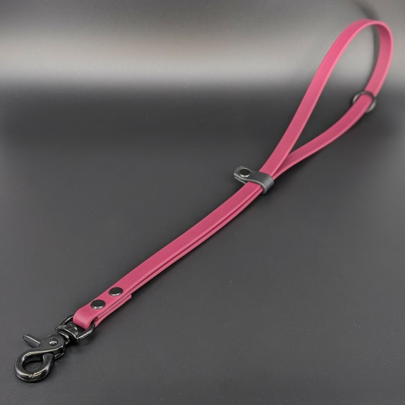 Puede incluir: Una correa de color magenta con un mosquet&oacute;n de metal negro y detalles en negro. La correa est&aacute; hecha de un material flexible y tiene un asa de bucle. Los herrajes son negros. Dise&ntilde;ado para uso con mascotas.