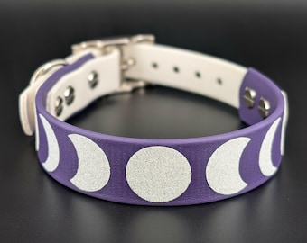 Dark Purple and White Tapered Biothane Moon Phases Collar, 1" wide 11 - 14" neck