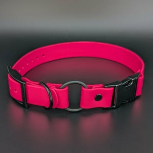custom pink biothane e-collar strap with bungee and black quick release buckle for off leash dog training