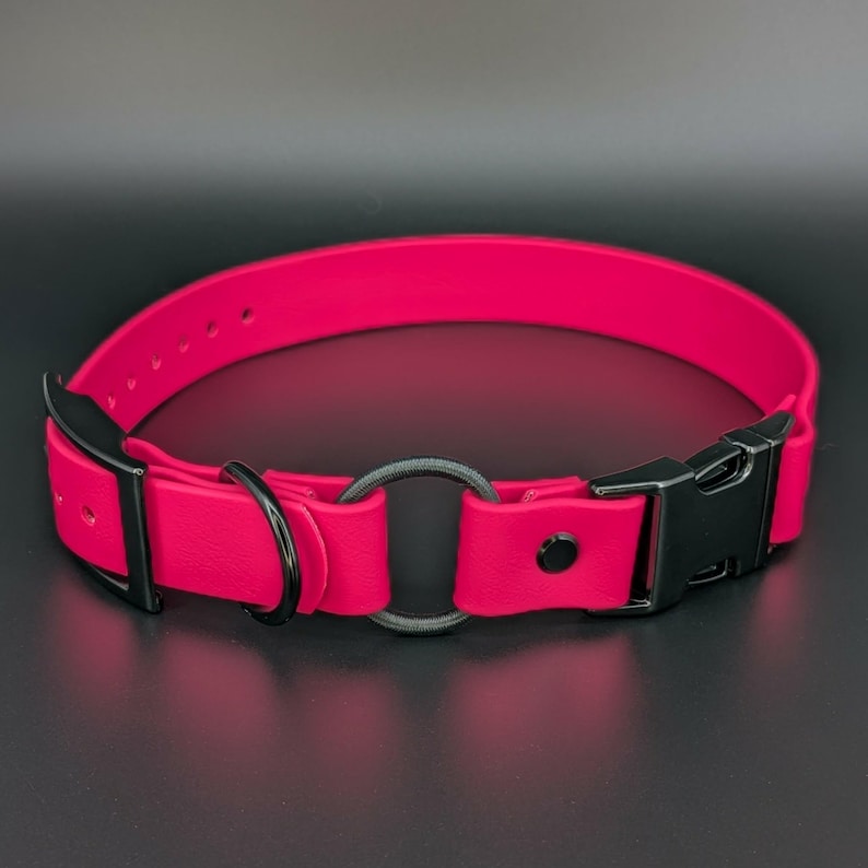 custom pink biothane e-collar strap with bungee and black quick release buckle for off leash dog training