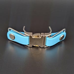light blue biothane with silver hardware quick release buckle attachment for prong collar