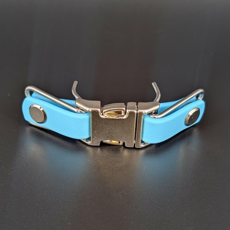 light blue biothane with silver hardware quick release buckle attachment for prong collar