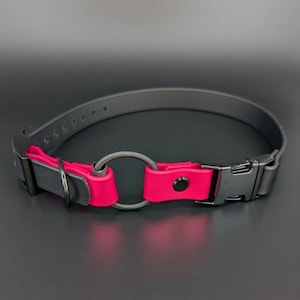 custom black and pink biothane e-collar strap with bungee and black quick release buckle for off leash dog training