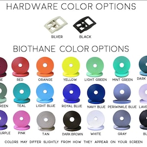 Image showing hardware color options in silver and black, and Biothane color options in various colors, including wine, red, orange, yellow, light green, mint green, dark green, sage green, teal, light blue, royal blue, navy blue, periwinkle blue, lavender, dark purple, pink, tan, dark brown, white, gray, and black.