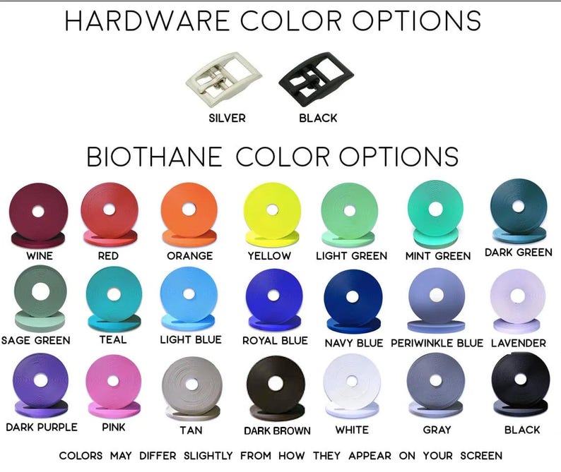 Image showing hardware color options in silver and black, and Biothane color options in various colors, including wine, red, orange, yellow, light green, mint green, dark green, sage green, teal, light blue, royal blue, navy blue, periwinkle blue, lavender, dark purple, pink, tan, dark brown, white, gray, and black.