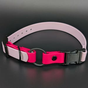 custom lavender and pink biothane e-collar strap with bungee and black quick release buckle for off leash dog training