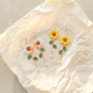 Pendientes Girasol Crochet, Hechos a Mano, Plata de Ley Chapada en Oro, Regalo para Ella