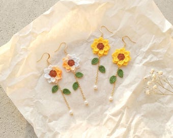 Gehäkelte Sonnenblumen Ohrringe, Handgemachte Blumen Anhänger, Sterlingsilber Vergoldet, Geschenk