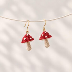 Micro Crochet Mushroom Earrings, Handmade Fairycore Dangle, Red Toadstool, Gift for Her