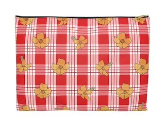 Red Palaka Puakenikeni Makeup Bag, Hawaiian Print Pencil Pouch, Zipper Cosmetic Bag, Travel Accessory