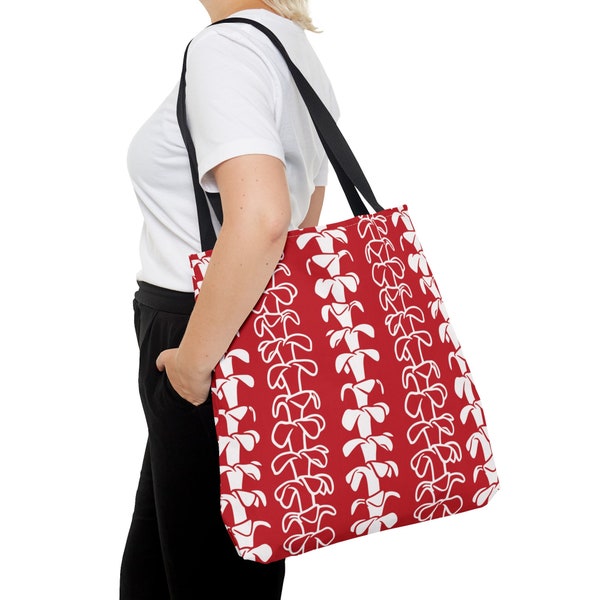 Puakenikeni White on Red Bag, All Over Print (AOP), Beach Bag, Everyday Bag, Travel Bag, Birthday, Mothers Day, Teachers Appreciation Gift