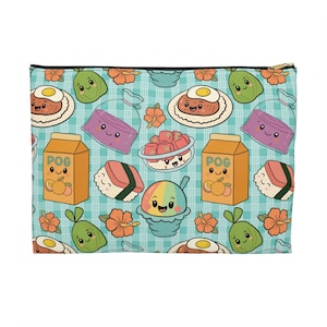 May include: A rectangular zippered pouch featuring a repeating pattern of kawaii-style Hawaiian food and drinks on a light blue plaid background. The design includes POG juice boxes, sushi, shave ice, and other food items with smiling faces.