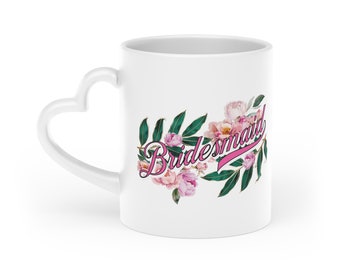 Mug coeur de demoiselle d'honneur, cadeau de demoiselle d'honneur, faveur de mariage, tasse en forme de coeur, cadeau de demoiselles d'honneur, shower de mariage, cadeau pour elle, mug pivoine Monstera