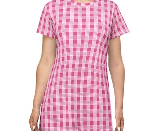 Abito t-shirt a quadri Palaka rosa, stampa integrale