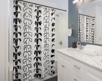 Puakenikeni Weißer und schwarzer Duschvorhang, Badezimmer-Dekor, Blumen-Duschvorhang, Blumen-Duschvorhang, Einweihungsgeschenk, Badezimmer-Dekor