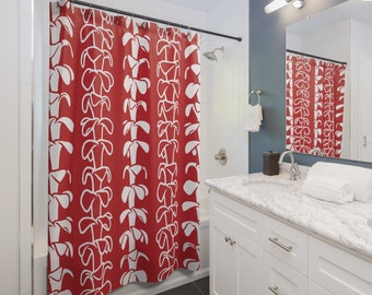 Puakenikeni Weiß auf Rot Duschvorhang, Badezimmer-Blumen-Duschvorhang, Blumen-Duschvorhang, Geschenk zur Wohnungseinrichtung, Badezimmer-Wohndekoration