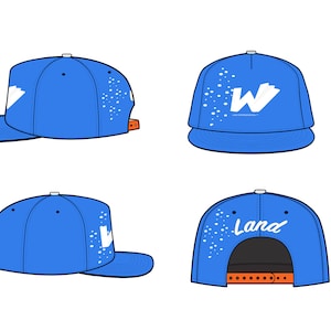 May include: Four views of a blue baseball cap with a white design. The cap has a white 'W' on the front, and the words 'Land' on the back. The cap has a white speckled design.