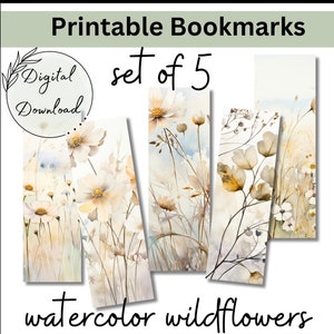 Set of 5 Printable Watercolor Wildflowers Bookmarks, PDF Download, Bookmark Bundle, Botanical Printable, Junk Journal, Paper Digital