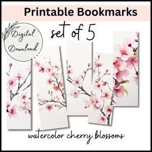 Set of 5 Printable Watercolor Cherry Blossoms Bookmarks, PDF Download, Bookmark Bundle, Botanical Printable, Junk Journal, Paper Digital