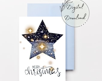 Starry Christmas Card, Elegant Gold Stars, DIY Printable (PDF Download)