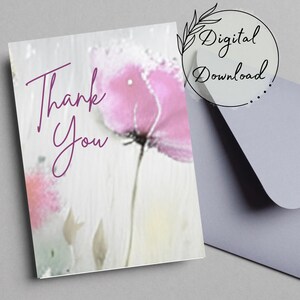 Danke Rosa Blumen druckbare Grußkarte, PDF-Download, Dankeschön-Karte, leere Grußkarte, Original-Aquarell-Karte, Dankbarkeitskarte