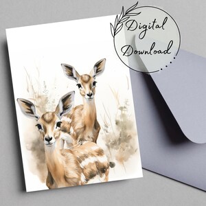 Original Aquarell Gazelle Druckbare Grußkarte, PDF-Download, All-Occasion Karte, leere Grußkarte, Geburtstagskarte, Wildtier Karte