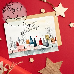 Biglietto d'auguri stampabile astratto buone feste, download PDF, Natale di alberi di pino, biglietto d'auguri vuoto, carta acquerello alberi di pino,