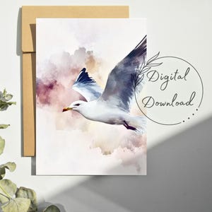 Cartão de saudação em aquarela com gaivota em voo – Download instantâneo para várias ocasiões: aniversário, aniversário, luto e muito mais