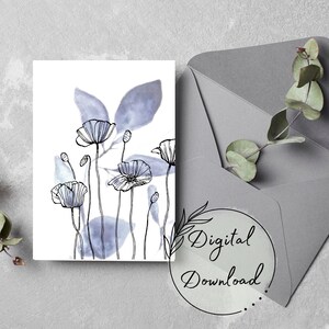 Black and Gray Abstract Floral Printable Greeting Card, PDF Download, All-Ocassion Card, Blank Greeting Card, Watercolor Card, Birthday card