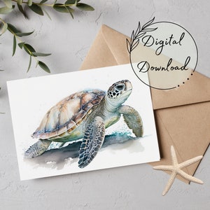 Meeresschildkröte Aquarell druckbare Grußkarte, PDF Download, Karte für alle Gelegenheiten, leere Grußkarte, Geburtstagskarte, Meereslebewesen Karte