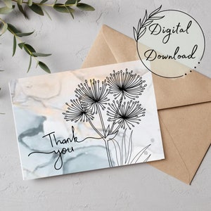 Biglietto d'auguri stampabile con dente di leone di ringraziamento, Download PDF, Biglietto per tutte le occasioni, Biglietto d'auguri vuoto, Biglietto acquerello, Biglietto di ringraziamento