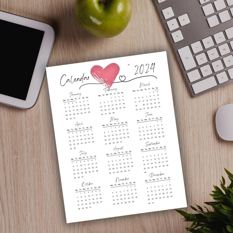 Printable 2024 Pink Hearts Calendar, Calendar Gift for Her, PDF