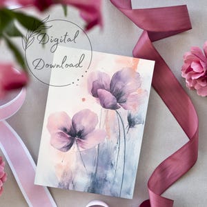 Cartão de felicitações para impressão em tons pastel suaves de flores silvestres | Flores em aquarela roxas e rosas para o dia das mães, aniversário, aniversário, pensando em você