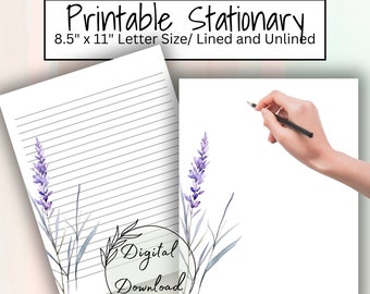 Stampabile Lavanda Acquerello Stazionario foderato e sfoderato, Download PDF, Set stazionario stampabile, Download stampabile, Carta per appunti alla lavanda