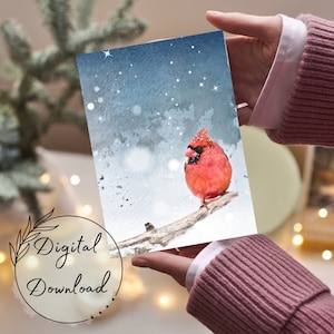 Printable Christmas Cardinal Greeting Card, PDF Download, Christmas Card, Blank Greeting Card, Christmas Snow Card, Snow Scene, Holiday Card