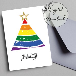 Biglietto d'auguri di buone feste stampabile con albero di Natale arcobaleno, biglietto LGBTQ, download PDF, biglietto, biglietto d'auguri vuoto, biglietto di buone feste,